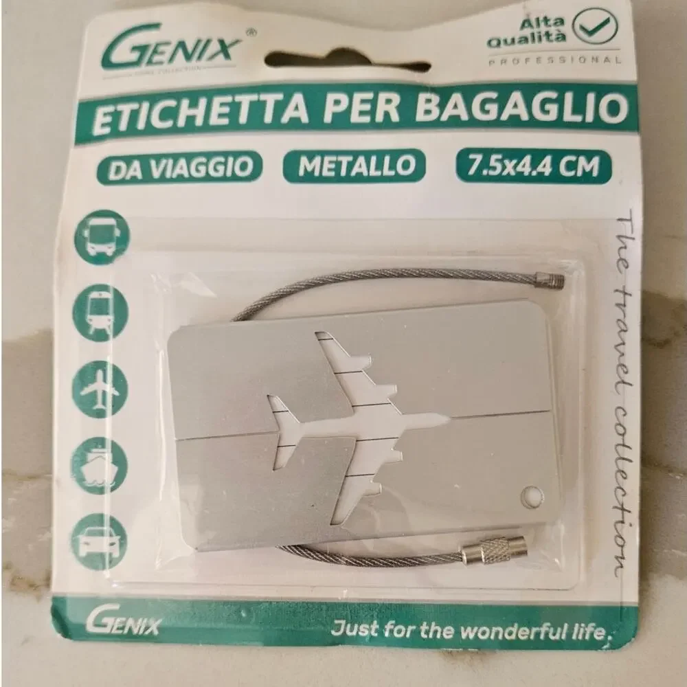 NEW Genix Metal Airplane Luggage Tag w/ Steel Cable - 7.5x4.4 CM Travel Tag